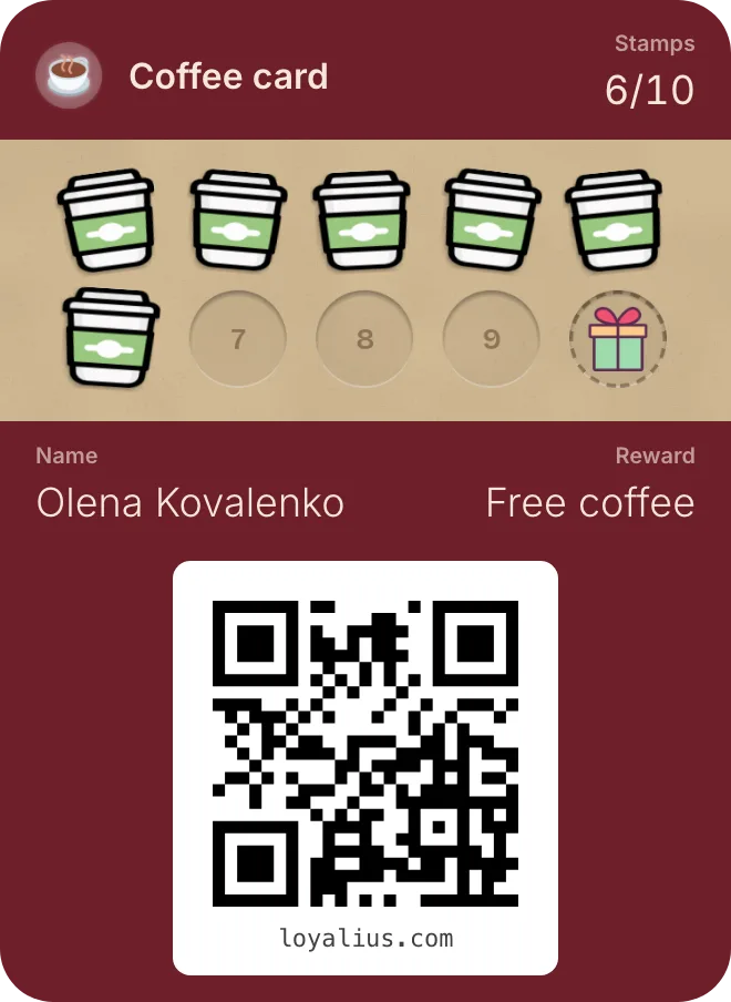Coffee card in a dark red design with stamps collected