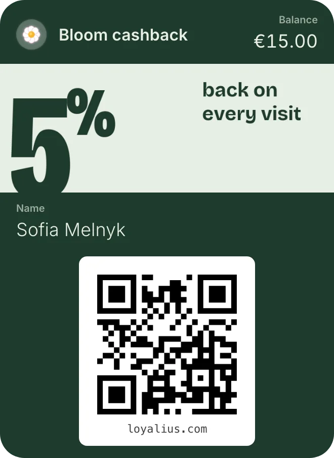 Bloom cashback card in a dark green design with a balance