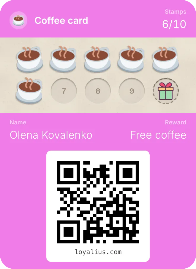 Coffee card in Apple Wallet with 6 of 10 stamps