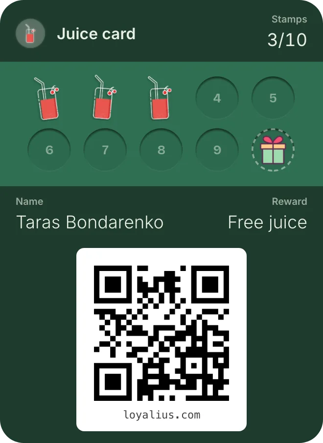 Juice card with 3 of 10 stamps