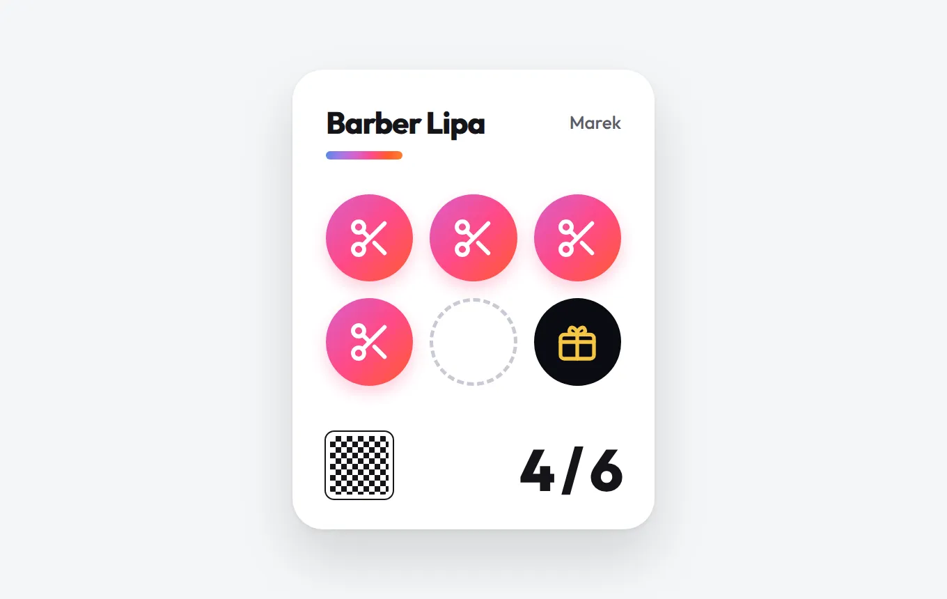 Barber shop loyalty card in Apple Wallet with 4 of 6 stamps and a gift at the end