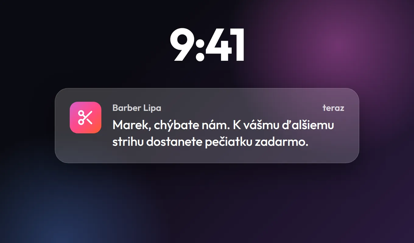 Uzamknutá obrazovka s push správou od Barber Lipa: Marek, chýbate nám. K vášmu ďalšiemu strihu dostanete pečiatku zadarmo.