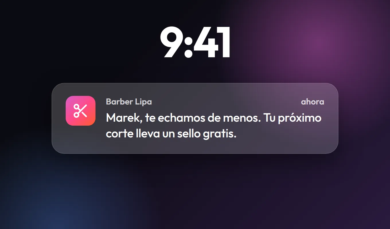 Pantalla de bloqueo con un mensaje push de Barber Lipa: Marek, te echamos de menos. Tu próximo corte lleva un sello gratis.