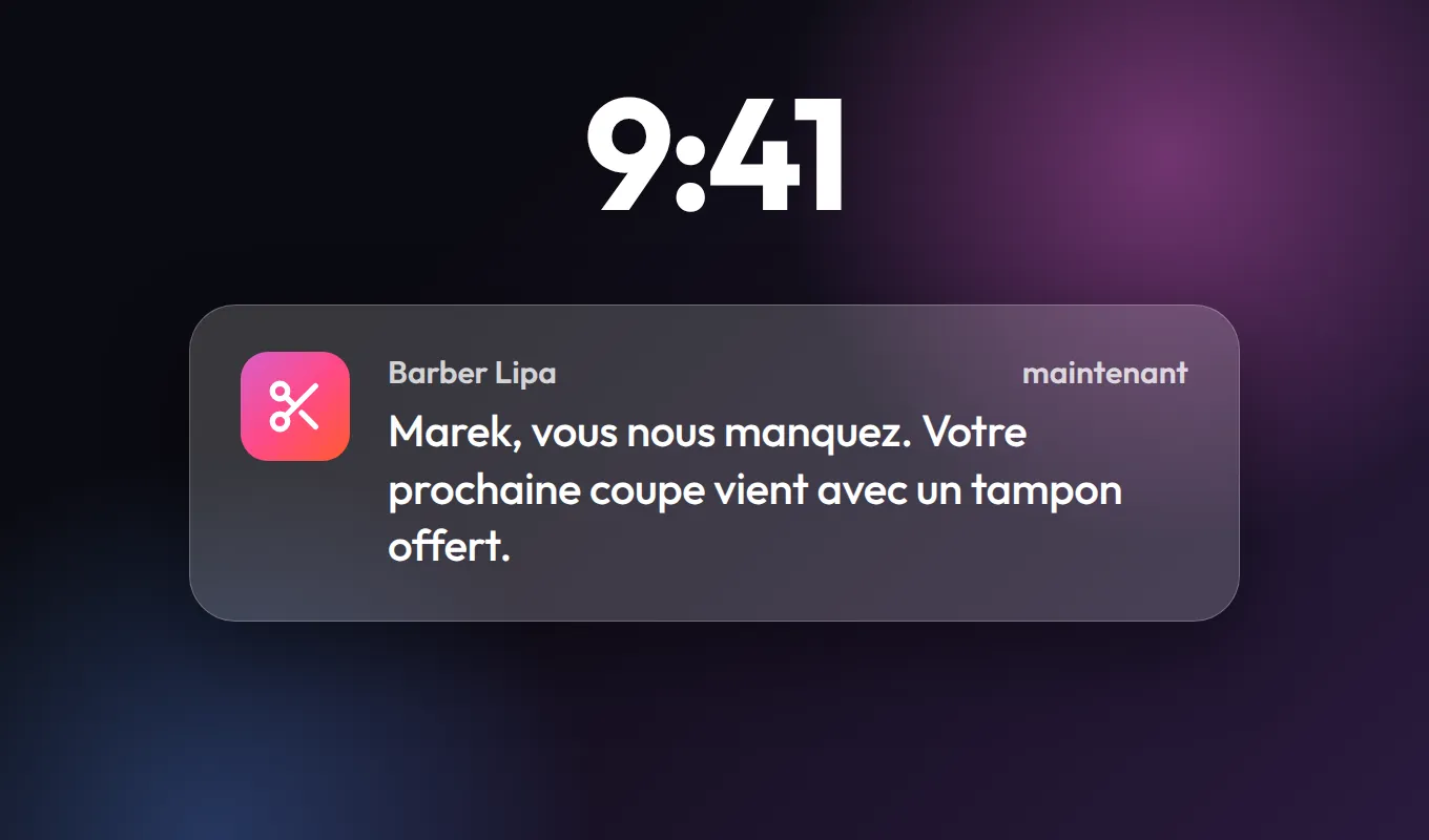 Écran de verrouillage avec une notification push de Barber Lipa : Marek, vous nous manquez. Votre prochaine coupe vient avec un tampon offert.
