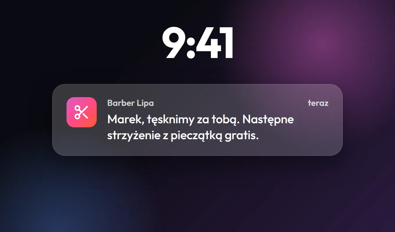 Ekran blokady z powiadomieniem push od Barber Lipa: Marek, tęsknimy za tobą. Następne strzyżenie z pieczątką gratis.