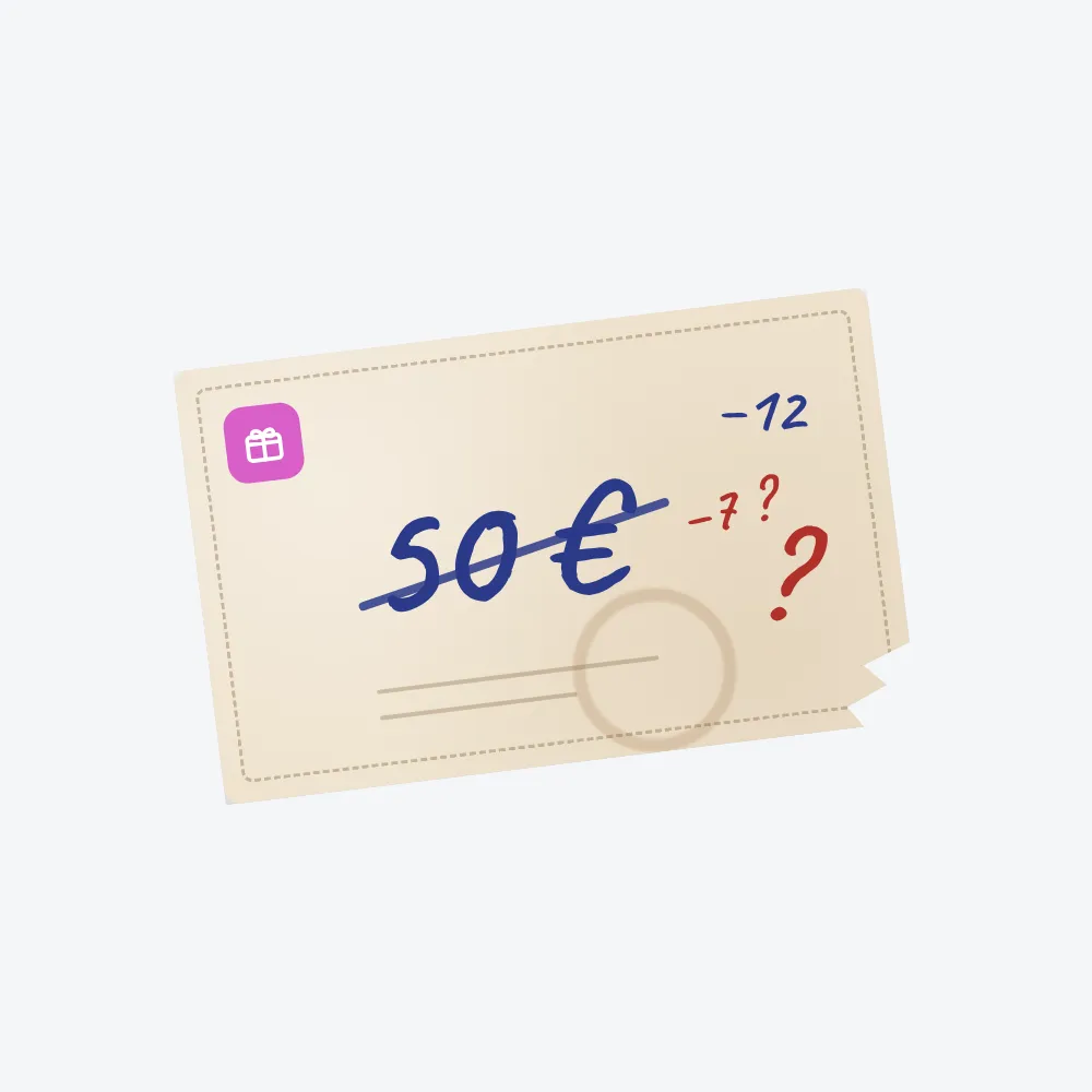 Papiergutschein über 50 € mit durchgestrichenen Beträgen und hingekritzelten Fragezeichen