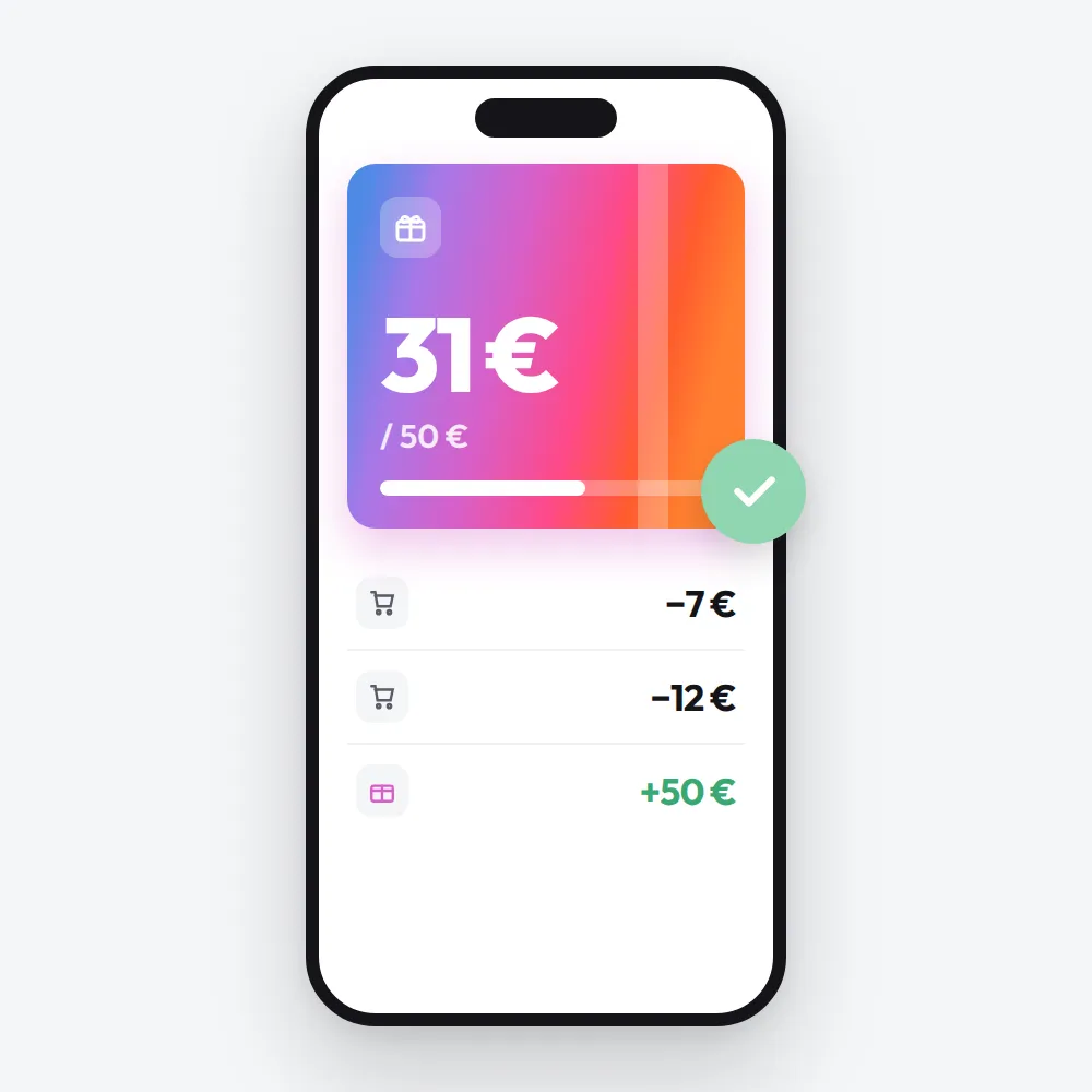 Digitale Geschenkkarte auf einem Handy mit 31 € Restguthaben von 50 €, darunter jeder Einkauf aufgelistet