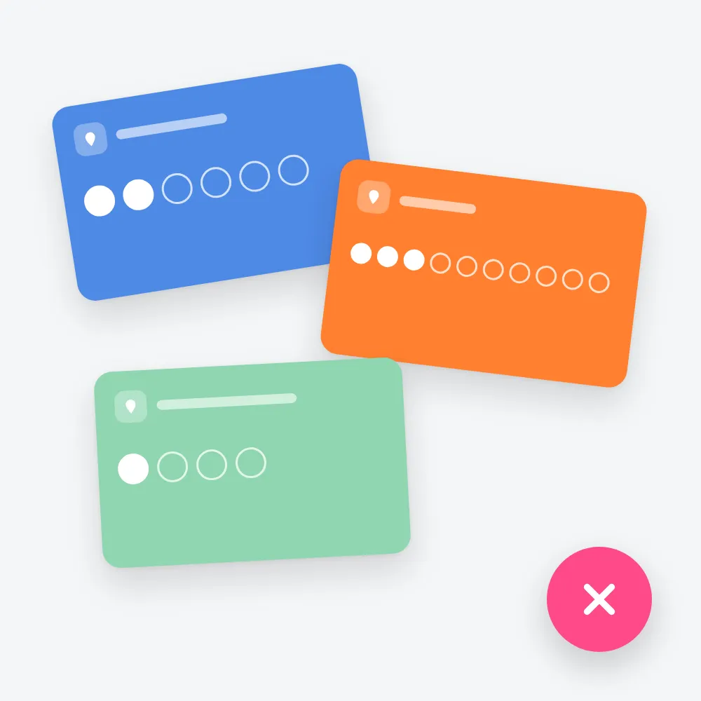 Three loyalty cards from three branches of one chain, each with a different colour and number of stamps, marked with a red cross