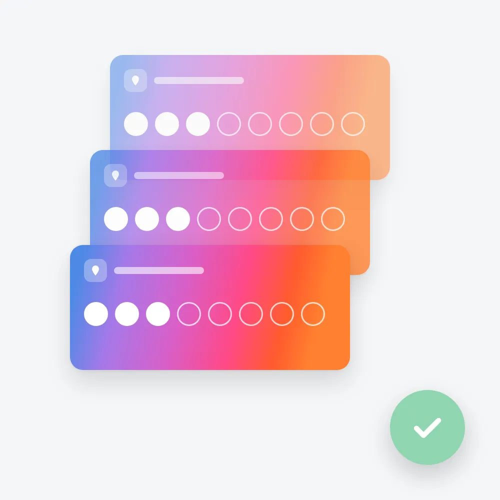 The same loyalty card in three branches, identical colour and stamps, marked with a green tick